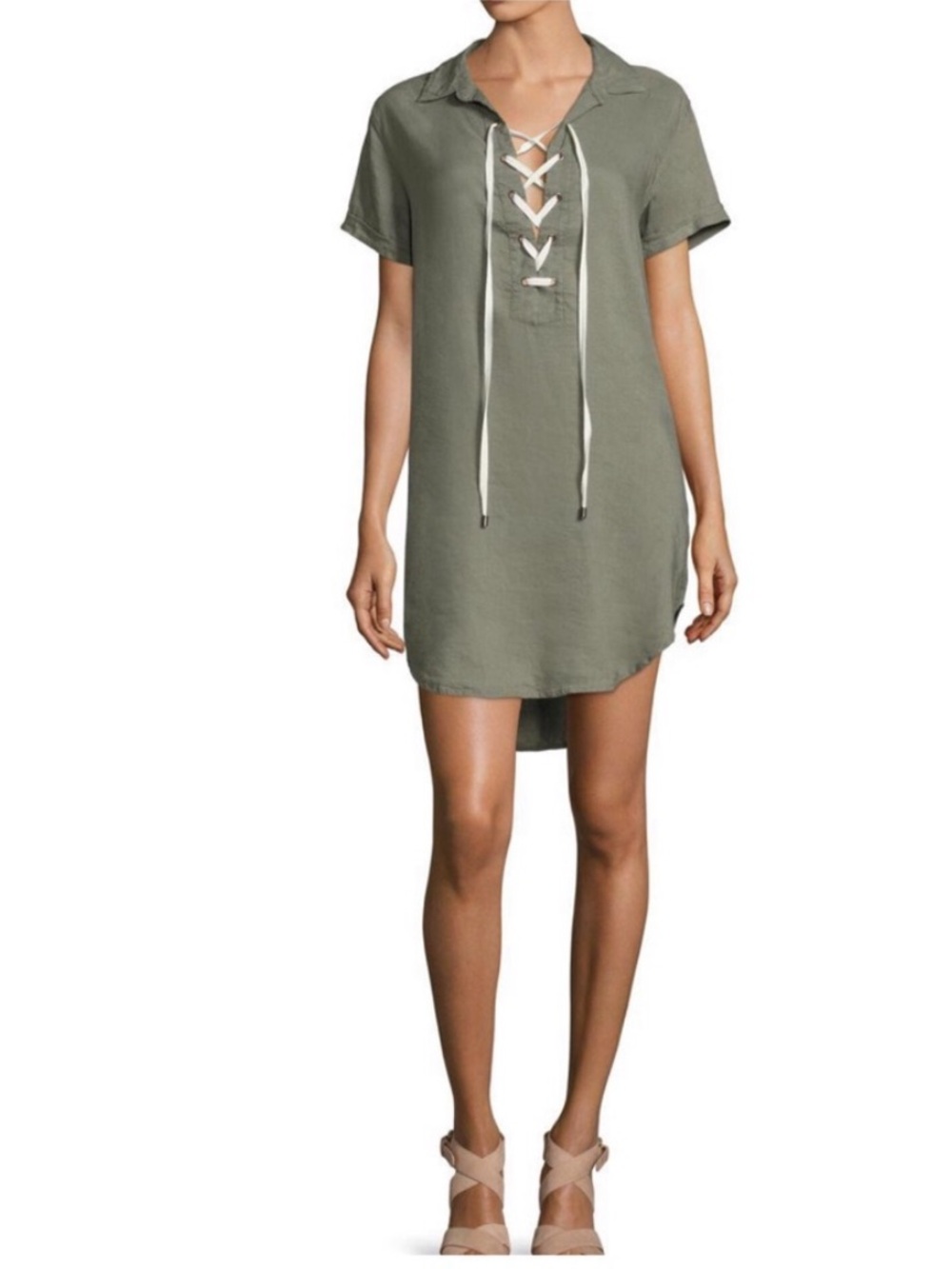Rails Lace Up Rocky Sage Green Tunic Top Dress Linen Blend Womens M Short Sleeve